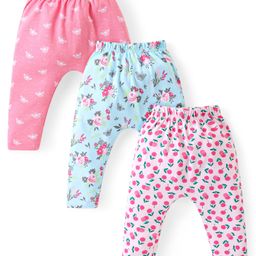 Babyhug Cotton Knit Full Length Diaper Leggings With Floral & Butterflies Print Pack Of 3 - Pink Blue & Light Pink-image-102