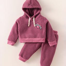 Ollypop Fleece Knit Full Sleeves Hooded T-Shirt & Lounge Pant with Patch Detailing - Rose Gold-image-67