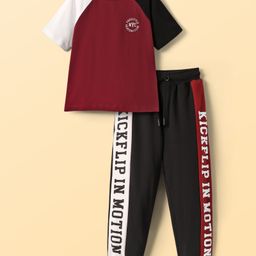 Pine Kids Cotton Knit Half Raglan Sleeves T-Shirt & Trouser with Click Flip In Motion Text Print - Black & Maroon-image-91
