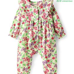 Babyoye Eco Conscious 100% Organic Muslin Woven Full Sleeves Romper with Butterfly & Floral Print - Light Green-image-58