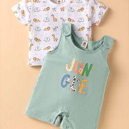 ToffyHouse Cotton Knit Half Sleeves T-Shirt & Dungaree Style Romper with Animal Print - Mint & White-image-98
