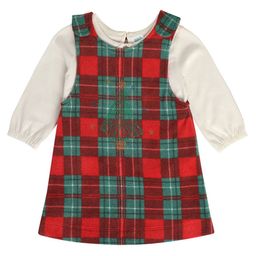 MINI KLUB Cotton Checked & Sequins Embellished Pinafore Dress With Full Puffed Sleeves Top - White Red & Green-picture-47