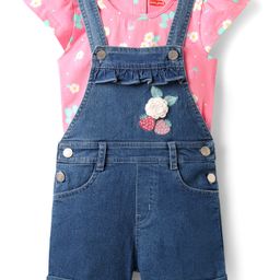 Babyhug Single Jersey Knit Dungaree & Cap Sleeves T-Shirt With Floral Print & Strawberry Embroidery - Blue & Pink-image-20