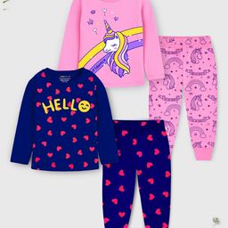 Trampoline Cotton Blend Knit Pack Of 2 Full Sleeves Hearts & Unicorn Printed Night Suits Set - Pink & Blue-image-2