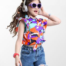 Ollington St. Knit Frill Sleeves Printed Top & Sinker Strechable Denim Shorts Set - Multicolor & Blue-image-95