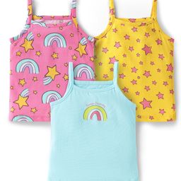 Babyhug 100% Cotton Single Jersey Knit Slips With Star & Rainbow Print Pack Of 3 - Light Blue Pink & Yellow-image-35