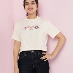 Lil Tomatoes Cotton Half Sleeves Floral & Butterfly Embroidered Crop Top - Cream-image-25
