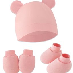 Bembika CottonSolid Cap With Coordinating Pair Of Mittens & Booties Set - Peach-picture-1