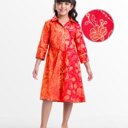 EARTHY TOUCH Cotton Woven Three Fourth Sleeves Ethnic Dress with Floral Glitter Print - Orange-picture-9