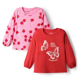 Honeyhap 100% Premium Cotton Bio Finish Full Sleeves Tops with Butterfly Print Pack of 2 - Bonbon & High Risk Red-image-5