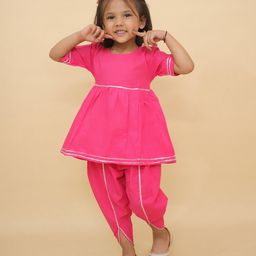 Little Ginnie Cotton Woven Half Sleeves Gota Lace Embellished Kurta Dhoti Set - Pink-image-32