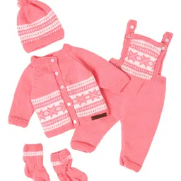 The Original Knit Full Sleeves Self Designed Sweater & Dungaree With Cap & Socks Set - Pink-picture-29