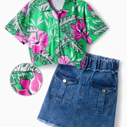 OLLINGTON ST. Cotton Half Sleeves Printed Top & Stretchable Denim Skirt - Multicolor & Blue-picture-10