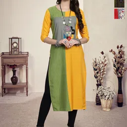 HERE&NOW Selection Of 3 Colourblocked Round Neck Straight Kurta-image-77