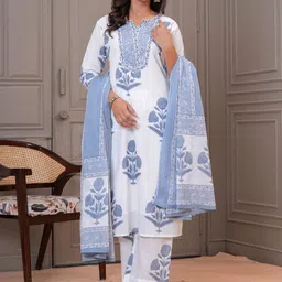 Kanahari Women Floral Printed Pure Cotton Block Print Kurta with Trousers & With Dupatta-19