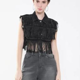 SHOWOFF Black Embellished Crop Denim Jacket-picture-40