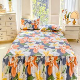 JC HOME Blue & Red Floral 140 TC Fitted Queen Bedsheet with 2 Pillow Covers-1.5 m x 2 m-image-86