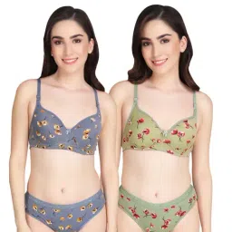 AROUSY Grey & Green Cotton Printed Bra Panty Set - Pack Of 2-picture-13