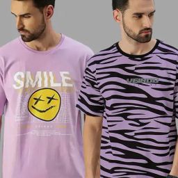 Veirdo Oversized  Lilac Cotton Loose Fit Printed  T-Shirt  - Pack of 2-image-12