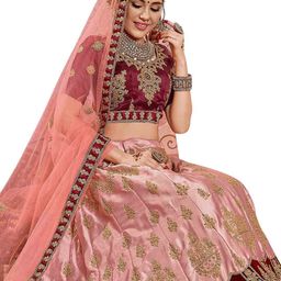 MANVAA Peach-Coloured & Maroon Embroidered Thread Work Semi-Stitched Lehenga & Unstitched Blouse With Dupatta image 4