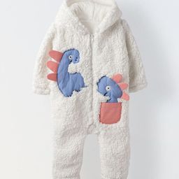 SPUNKIES Infant Fuzzy Dinosaur Hooded Romper - Cozy & Adorable Winter Outfit-image-1