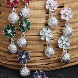 Zeneme Rhodium Plated Silver AD Crystal Floral Drop Earrings Set of 5-image-65