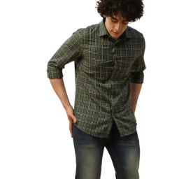 Turtle Green Cotton Slim Fit Chequered Shirt-image-8