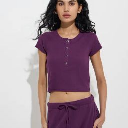 Superstar by Westside Purple Ribbed-Textured Cotton-Blend Top-image-93