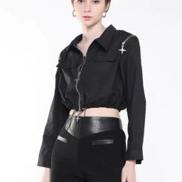 SHOWOFF Black Cotton Regular Fit Cropped Jacket-picture-28