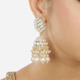 Zaveri Pearls Gold Tone Dazzling Kundan & Cluster Beads Drop Traditional Jhumki Earrings-ZPFK18008-23