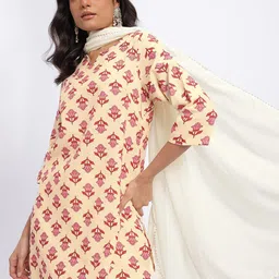HERE&NOW Floral Printed Pure Cotton Straight Kurta with Trousers & Dupatta-image-0