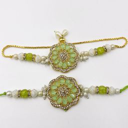 Sangria Kundan Studded & Beaded Flower Bhaiya Bhabhi Rakhis With Roli Chawal-11