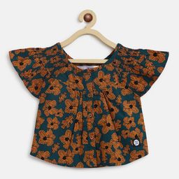 Tales & Stories Half Flutter Sleeves Shoe Flower Printed Regular Fit Top - Khaki Brown-image-4