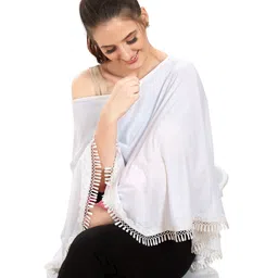 Mom for sure by Ketki Dalal Full Sleeves Nursing Cape Embroidered Cotton Lace At Hem Maternity Kaftan Top  - White-picture-23