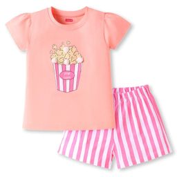 Babyhug Cotton Knit Half Sleeves Night Suit With Pop Corn Print & Applique - Peach & Pink-image-81