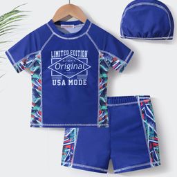 Kookie Kids Half Sleeves Two Piece Swimsuit with Cap Text Print -  Navy Blue-picture-28
