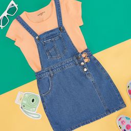 Pantaloons Junior Cotton Pockets Detailed Dungaree With Half Sleeves Solid Top Set - Blue & Peach-image-1