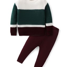 Babyhug Knitted Full Sleeves Pullover Sweater Set with Colour Block Design - Green White &  Maroon-image-18