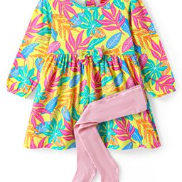 Babyhug Single Jersey Knit Full Sleeves Floral Print Frock With Leggings - Lemon Yellow-image-20