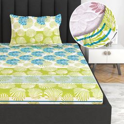 Divine Casa 144 TC 100% Cotton Supersoft Single Fitted Bedsheet with 1 Pillow Cover Floral Green Bedsheet for Single Bed - 198 x 90 CM-picture-24