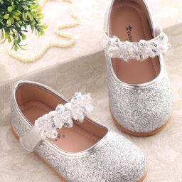 Cute Walk By Babyhug Ballerinas With Velcro Closure & Floral Applique - Silver-image-98