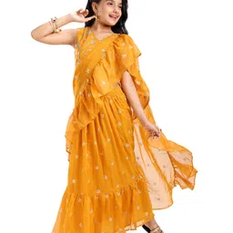 Pine Kids Woven Sleeveless Sequined Embroidered Choli & Lehenga Set with Frilled Dupatta - Golden-picture-46