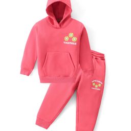 Doreme Fleece Knit Full Sleeves Hooded T-Shirt & Lounge Pants Set With Floral Print - Dark Pink-picture-46