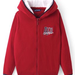 Pine Kids Knit Full Sleeves Front Open Hooded Sweater with Text Design - Red-image-49