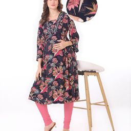 Bella Mama Woven Three Fourth Sleeves Floral Printed Maternity Kurta with Pocket - Navy Blue White  & Pink-picture-20