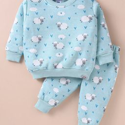 Teddy Fleece Knit Full Sleeves Winter WearNight Suit with Sheep Print - Light Blue-picture-32