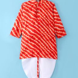 Teentaare Cotton Woven Full Sleeves Leheriya Printed Kurta Pyjama Set - Red-image-36