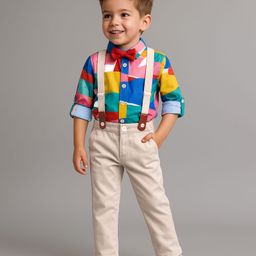 Ollington St. 100% Cotton Woven Full Sleeves Printed Shirt & Twill Pants Set With Bow & Suspender - Blue-picture-13