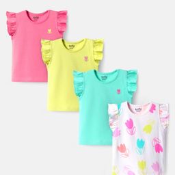 Bonfino 100% Cotton Knit Frill Sleeves Tops With Floral Print & Embrioidery Pack Of 4 - Green Dark Pink & OffWhite-picture-34