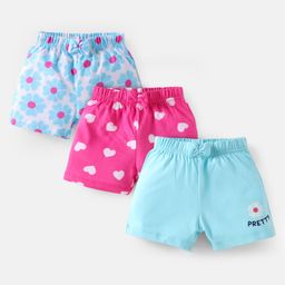 Babyhug Cotton Knit Mid Thigh Shorts with Floral & Heart Print with Bow Applique Pack of 3 - Pink & Light Blue-image-55